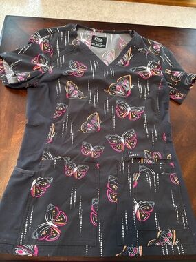 Cherokee Dark Grey Butterfly Print Medical Scrub Top